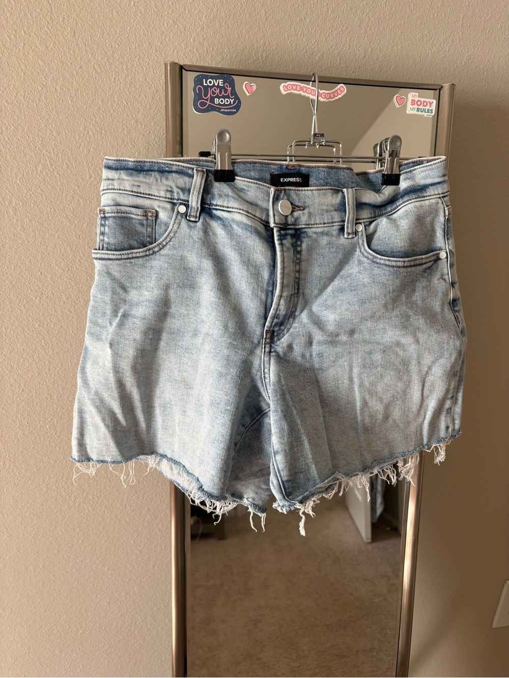 Express High-Rise Light Blue Distressed Denim Cutoff Shorts